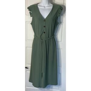 Monteau Green Ruffle Sleeve Button Front Belted Dress M